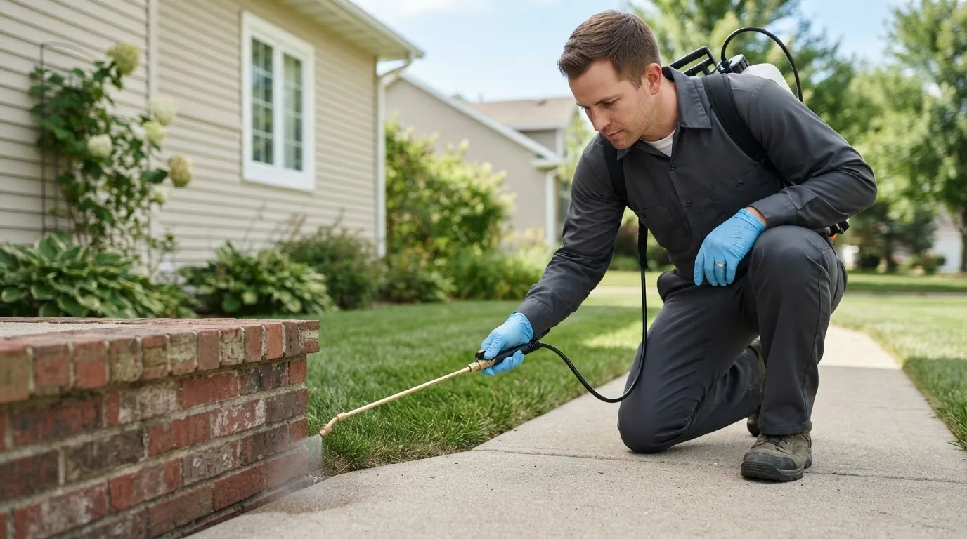 Pest control technician treating a home near Cornish, ME
